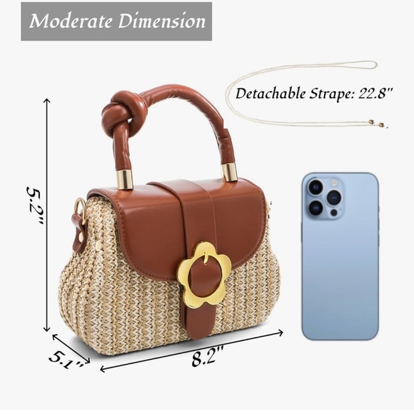 Small Top Handle Purse, Straw Crossbody Bag w/ Floral Buckle Detachable Strap 🆕 - Picture 2 of 7
